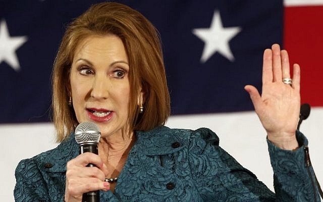 In this April 18, 2015 file photo, Carly Fiorina speaks at the Republican Leadership Summit in Nashua, New Hampshire on April 18, 2015. (photo credit: AP/Jim Cole)