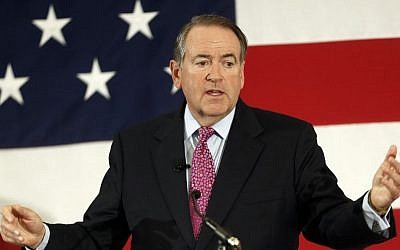 Former Arkansas Republican gov. Mike Huckabee speaks at the Republican Leadership Summit in Nashua, N.H., on April 18, 2015. (photo credit: AP/Jim Cole, File)