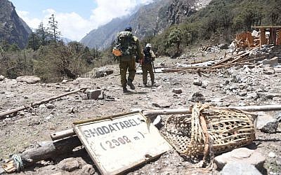 An Israeli search and rescue team in Ghodatabel, near the Langtang trekking route, this week. (photo credit: IDF Spokesman's Unit)