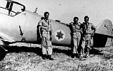 Lou Lenart, left, and other fighter pilots in front of the Avia S-199 plane. (Courtesy of Boaz Dvir via JTA)