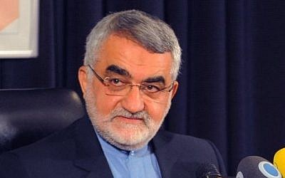 In this photo released by the Syrian official news agency SANA, Iranian parliament member Alaeddin Boroujerdi speaks during a press conference in Damascus, Syria, on Thursday, May 14, 2015. (photo credit: SANA via AP)