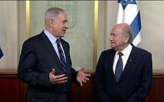 Prime Minister Benjamin Netanyahu meets with then-FIFA president Sepp Blatter, May 19, 2015 (screen capture: YouTube/IsraeliPM)