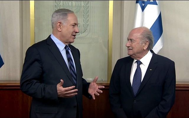 Prime Minister Benjamin Netanyahu meets with FIFA President Sepp Blatter, May 19, 2015 (screen capture: YouTube/IsraeliPM) Prime Minister Benjamin Netanyahu meets with FIFA President Sepp Blatter, May 19, 2015 (screen capture: YouTube/IsraeliPM)