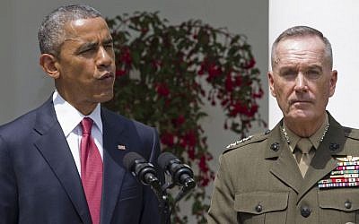 President Barack Obama announces that he will nominate Marine Gen. Joseph Dunford Jr. as the next chairman of the Joint Chiefs of Staff, in the Rose Garden of the White House in Washington, May 5, 2015. (photo credit: AP/Jacquelyn Martin)