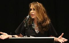 Pamela Geller, cofounder and president of Stop Islamization of America, is shown during the American Freedom Defense Initiative program at the Curtis Culwell Center in Garland, Texas, on May 3, 2015. (photo credit: Gregory Castillo/The Dallas Morning News via AP)