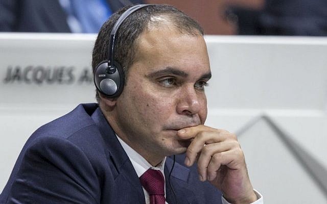Defeated FIFA leadership challenger, vice president Prince Ali bin al-Hussein of Jordan, attends the 65th FIFA Congress held at the Hallenstadion in Zurich, Switzerland, Friday, May 29, 2015. (Patrick B. Kraemer/Keystone via AP)
