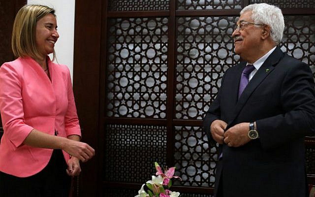 European Union foreign policy chief Federica Mogherini (L) stands next to Palestinian Authority President Mahmoud Abbas following a meeting at his headquarters in the West Bank city of Ramallah, on May 20, 2015 (AFP/ABBAS MOMANI) European Union foreign policy chief Federica Mogherini (L) stands next to Palestinian Authority President Mahmoud Abbas following a meeting at his headquarters in the West Bank city of Ramallah, on May 20, 2015 (AFP/ABBAS MOMANI)