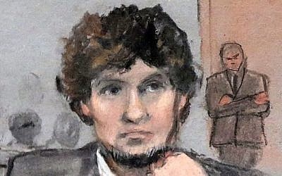 A courtroom sketch of Boston bomber Dzhokhar Tsarnaev (YouTube screen capture)