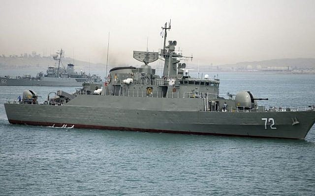 Iranian destroyer Alborz,  seen before leaving Iran's waters on April 7, 2015. (Photo credit: AP)