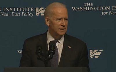 US Vice President Joe Biden speaks at the Washington Institute for Near East Policy on April 30, 2015. (Photo credit: screenshot)