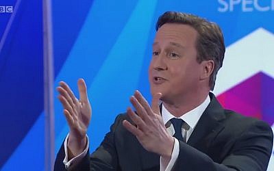 British Prime Minister David Cameron on BBC's "Question Time" on April 30, 2015 (photo credit: YouTube screenshot)