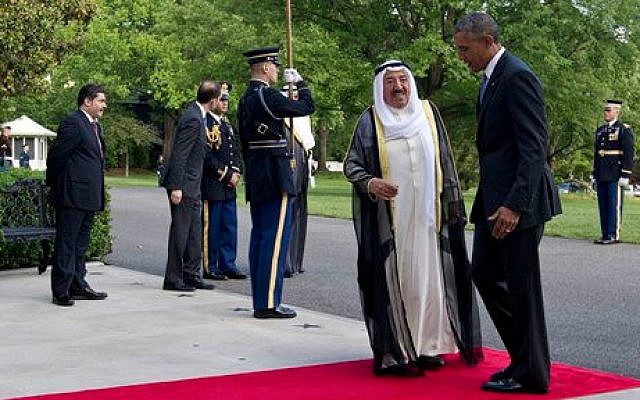 US President Barack Obama, right, and Sheikh Sabah Al-Ahmed Al-Jaber Al-Sabah, emir of Kuwait, at the South Lawn of the White House in Washington, Wednesday, May 13, 2015. (Photo credit: AP/Carolyn Kaster) US President Barack Obama, right, and Sheikh Sabah Al-Ahmed Al-Jaber Al-Sabah, emir of Kuwait, at the South Lawn of the White House in Washington, Wednesday, May 13, 2015. (Photo credit: AP/Carolyn Kaster)