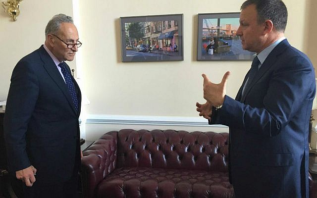 Zionist Union MK Erel Margalit meets with Sen. Chuck Schumer (D-NY) in Washington on April 29, 2015. [Courtesy'