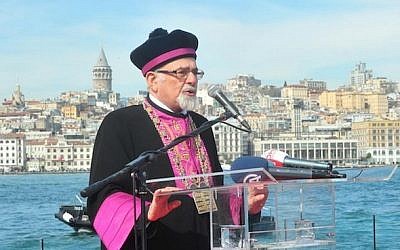 File: Turkish Chief Rabbi Isak Haleva at a commemoration organized by the City of Istanbul for 781 Jewish refugees who drowned in the sinking of the Struma ship in 1942 (JTA/Courtesy of the City of Istanbul)
