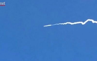 A rocket engine test in central Israel, May 5, 2015. (screen capture of Ynet video)