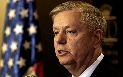 File: US Senator Lindsey Graham (R-SC) during a press conference in Jerusalem, May 27, 2015 (AFP/Menahem Kahana)
