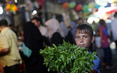 A Palestinian boy sells fresh mint in downtown Gaza City as shoppers crowd the markets in preparation for the Muslim fasting month of Ramadan on June 17, 2015. (AFP PHOTO/MAHMUD HAMS)