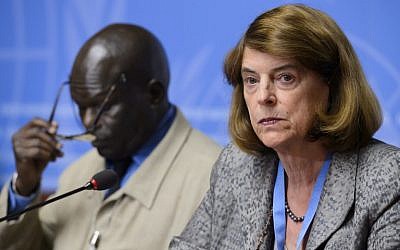 Chairperson of the Independent Commission of Inquiry into the 2014 war in Gaza, Mary McGowan Davis (right) and commission member Doudou Dienne (left) during a press conference on their report at the United Nations Office in Geneva, Switzerland, on June 22, 2015. (AFP/Fabrice Coffrini)