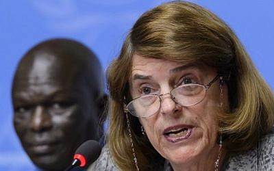 Chairperson of the Independent Commission of Inquiry into the 2014 war in Gaza, Mary McGowan Davis (right) and commission member Doudou Dienne (left) during a press conference on their report at the United Nations Office in Geneva, Switzerland, on June 22, 2015. (AFP/Fabrice Coffrini)
