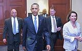 US President Barack Obama (second left) and House Minority Leader Nancy Pelosi (right) after meeting with House Democrats at the Capitol in Washington DC on June 12, 2015. President Barack Obama went to Congress to lobby ahead of a crucial vote on his sweeping trans-Pacific trade agenda. (AFP/Mandel Ngan)