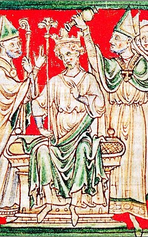 A 13th century rendition of Richard 'the Lionheart,' Richard I of England, being anointed during his coronation in Westminster Abbey. (public domain, via wikipedia)