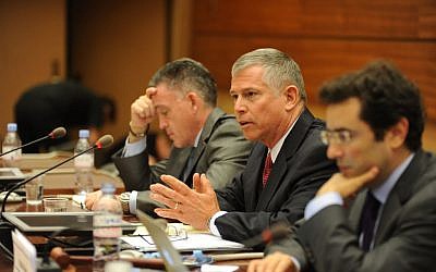 Major General Mike Jones speaks at the United Nations Human Rights Council on June 29, 2015 (courtesy UN Watch/ Oliver O’Hanlon)