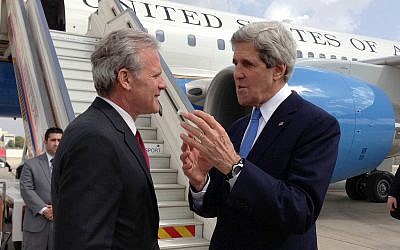 Secretary of State John Kerry and then-ambassador Michael Oren at Ben Gurion Airport in March 2013. (US State Department) Secretary of State John Kerry and then-ambassador Michael Oren at Ben Gurion Airport in March 2013. (US State Department)