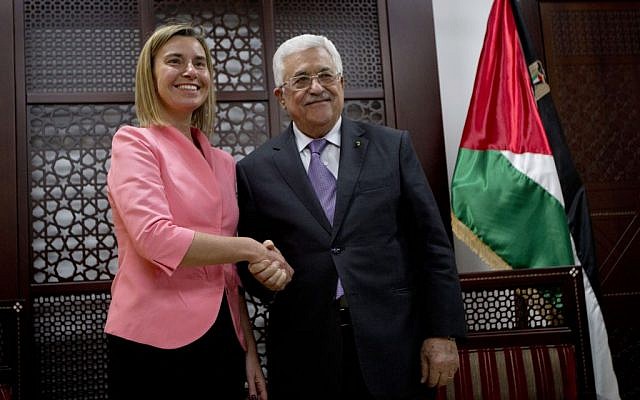 European Union foreign policy chief Federica Mogherini shakes hands with Palestinian President Mahmoud Abbas during their meeting in the West Bank city of Ramallah, Wednesday, May 20, 2015 (AP/Majdi Mohammed) European Union foreign policy chief Federica Mogherini shakes hands with Palestinian President Mahmoud Abbas during their meeting in the West Bank city of Ramallah, Wednesday, May 20, 2015 (AP/Majdi Mohammed)