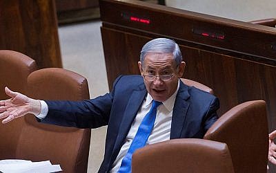 Prime Minister Benjamin Netanyahu gestures during a plenum session in the assembly hall of the Knesset on June 17, 2015. (Miriam Alster/FLASH90)