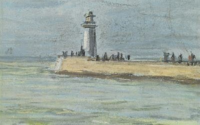 A pastel on paper drawing of the lighthouse and jetty at Le Havre, by Claude Monet, c. 1868. The piece lay hidden inside the frame of another pastel by Monet. (Courtesy Richard Green Gallery)