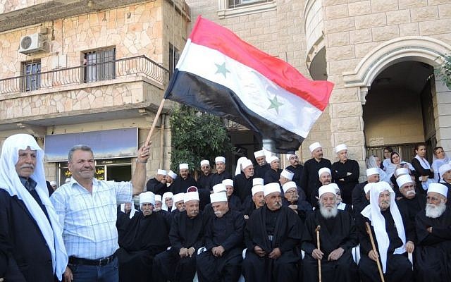 A group of Druze sheikhs at a pro-Syria rally in Majdal Shams in the Golan Heights on Monday. (Melanie Lidman/Times of Israel)