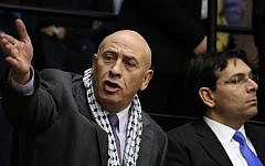 Arab Israeli parliament member MK Basel Ghattas of the Joint (Arab) List in the Knesset, February 12, 2015. (Hadas Parush/Flash90)