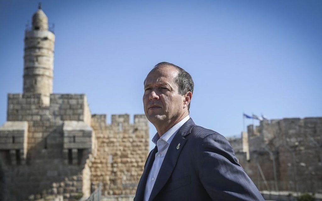 Jerusalem Mayor Nir Barkat seen on top of the Tower of David Museum, on April 14, 2015. (Hadas Parush/Flash90)