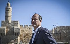 Jerusalem Mayor Nir Barkat seen on top of the Tower of David Museum, on April 14, 2015. (Hadas Parush/Flash90)