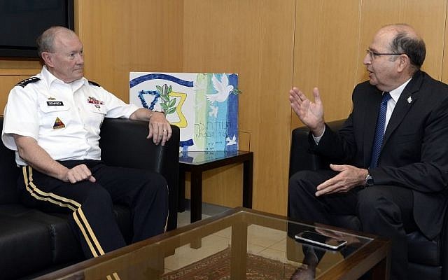 Moshe Ya'alon meets with US Joint Chiefs of Staff head Martin Dempsey in Tel Aviv on June 09, 2015. (Matty Stern/US Embassy Tel Aviv) Moshe Ya'alon meets with US Joint Chiefs of Staff head Martin Dempsey in Tel Aviv on June 09, 2015. (Matty Stern/US Embassy Tel Aviv)