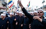 Israeli Druze in the village of Yarka attend a demonstration in support of Syrian Druze communities threatened by that country's civil war, June 14, 2015. (Basel Awidat/Flash90)