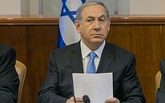Israeli Prime Minister Benjamin Netanyahu leads the weekly cabinet meeting in Jerusalem on June 14, 2015. (Ohad Zwigenberg/POOL/Flash90)
