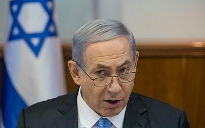 Prime Minister Benjamin Netanyahu addresses the cabinet at the weekly meeting in Jerusalem on June 14, 2015 (Ohad Zwigenberg/POOL)