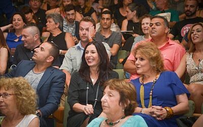Minister of Culture Miri Regev (center) at an award ceremony for Israeli theater, in Tel Aviv, on June 19, 2015. (FLASH90)