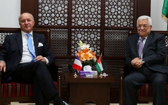 French Foreign Minister Laurent Fabius (L) meets with Palestinian Authority President Mahmoud Abbas in the West Bank city of Ramallah on June 21, 2015 (Flash90) French Foreign Minister Laurent Fabius (L) meets with Palestinian Authority President Mahmoud Abbas in the West Bank city of Ramallah on June 21, 2015 (Flash90)