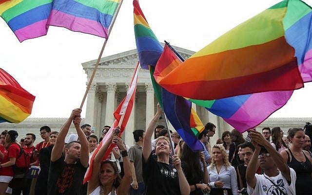 Same-sex marriage supporters celebrate outside the Supreme Court on June 26, 2015. (JTA/Alex Wong/Getty Images) Same-sex marriage supporters celebrate outside the Supreme Court on June 26, 2015. (JTA/Alex Wong/Getty Images)