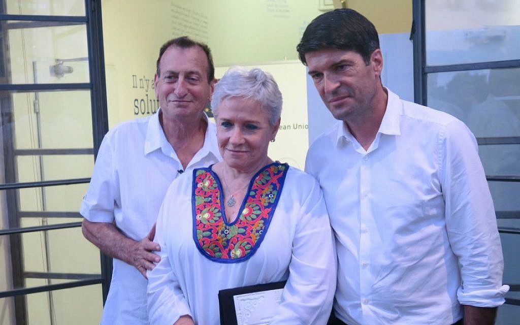 Tel Aviv mayor Ron Huldai, his wife, Yael Huldai and French ambassador Patrick Maisonnave at White Night Europa (Courtesy Brandon Berry)
