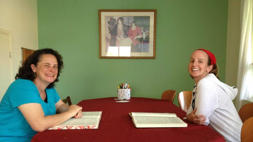 Study partners Rav Rahel Berkovits (left) and Rav Dr. Meesh Hammer-Kossoy in their usual seats on the eve of their ordination, June 9, 2015. (Amanda Borschel-Dan/The Times of Israel) Study partners and new rabbis, Rahel Berkovits (left) and Dr. Meesh Hammer-Kossoy in their usual seats on the eve of their ordination, June 9, 2015. (Amanda Borschel-Dan/The Times of Israel)