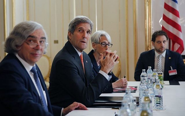 From left, US Secretary of Energy Ernest Moniz, US Secretary of State John Kerry and US Under Secretary for Political Affairs Wendy Sherman, sit during a meeting with Iranian Foreign Minister Mohammad Javad Zarif at a hotel in Vienna, Austria, Sunday, June 28, 2015. (Carlos Barria/Pool Photo via AP) From left, US Secretary of Energy Ernest Moniz, US Secretary of State John Kerry and US Under Secretary for Political Affairs Wendy Sherman, sit during a meeting with Iranian Foreign Minister Mohammad Javad Zarif at a hotel in Vienna, Austria, Sunday, June 28, 2015. (Carlos Barria/Pool Photo via AP)