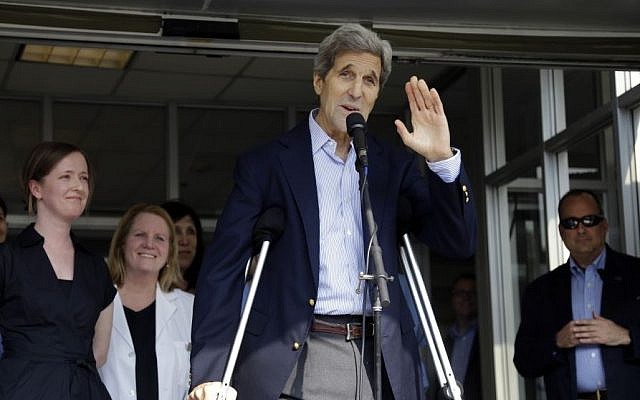 Secretary of State John Kerry waves after speaking to media as he is discharged from Massachusetts General Hospital Friday, June 12, 2015, in Boston. Kerry was released from the hospital after undergoing surgery on a broken leg sustained in a May 31 bicycle accident in France. (AP/Elise Amendola) Secretary of State John Kerry waves after speaking to media as he is discharged from Massachusetts General Hospital Friday, June 12, 2015, in Boston. Kerry was released from the hospital after undergoing surgery on a broken leg sustained in a May 31 bicycle accident in France. (AP/Elise Amendola)