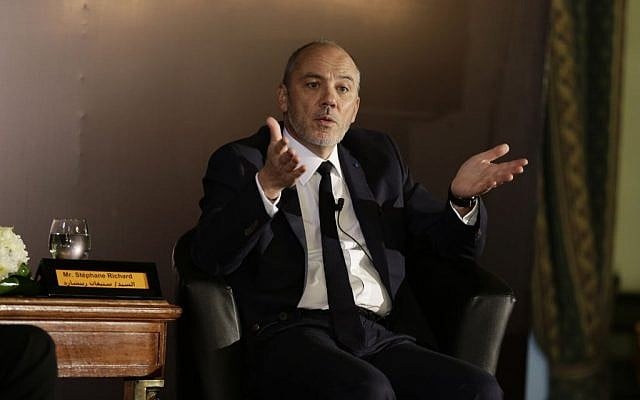 Stephane Richard, the CEO of French mobile phone company Orange, speaks during a press conference in Cairo, Egypt, Wednesday, June 3, 2015. (AP/Thomas Hartwell) Stephane Richard, the CEO of French mobile phone company Orange, speaks during a press conference in Cairo, Egypt, Wednesday, June 3, 2015. (AP/Thomas Hartwell)