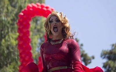 A drag queen sings during the annual Gay Pride Parade in Tel Aviv, Israel, Friday, June 12, 2015. (AP/Ariel Schalit)