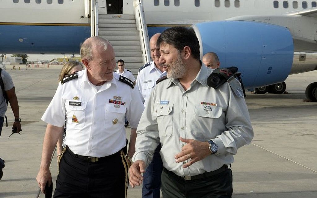 Chairman of Joint Chiefs of Staff Martin Dempsey (L) and IDF Gen. Yaacov Aish, Israeli Military Attache in Washington, walking after Dempsey lands in Israel, June 8, 2015. (Matty Stern/US Embassy Tel Aviv) Chairman of Joint Chiefs of Staff Martin Dempsey (L) and IDF Gen. Yaacov Aish, Israeli Military Attache in Washington, walking after Dempsey lands in Israel, June 8, 2015. (Matty Stern/US Embassy Tel Aviv)