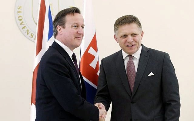 Slovakia's Prime Minister Robert Fico, right, welcomes British Prime Minister David Cameron, left, in Bratislava, Slovakia, Friday, June 19, 2015. (AP/Petr David Josek) Slovakia's Prime Minister Robert Fico, right, welcomes British Prime Minister David Cameron, left, in Bratislava, Slovakia, Friday, June 19, 2015. (AP/Petr David Josek)