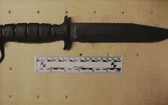 The knife brandished by a man under surveillance by a joint terrorism task force who was shot and killed outside a pharmacy is displayed during a news conference at the Boston Police Department Headquarters, Boston, June 2, 2015. (AP/Stephan Savoia) The knife brandished by a man under surveillance by a joint terrorism task force who was shot and killed outside a pharmacy is displayed during a news conference at the Boston Police Department Headquarters, Boston, June 2, 2015. (AP/Stephan Savoia)